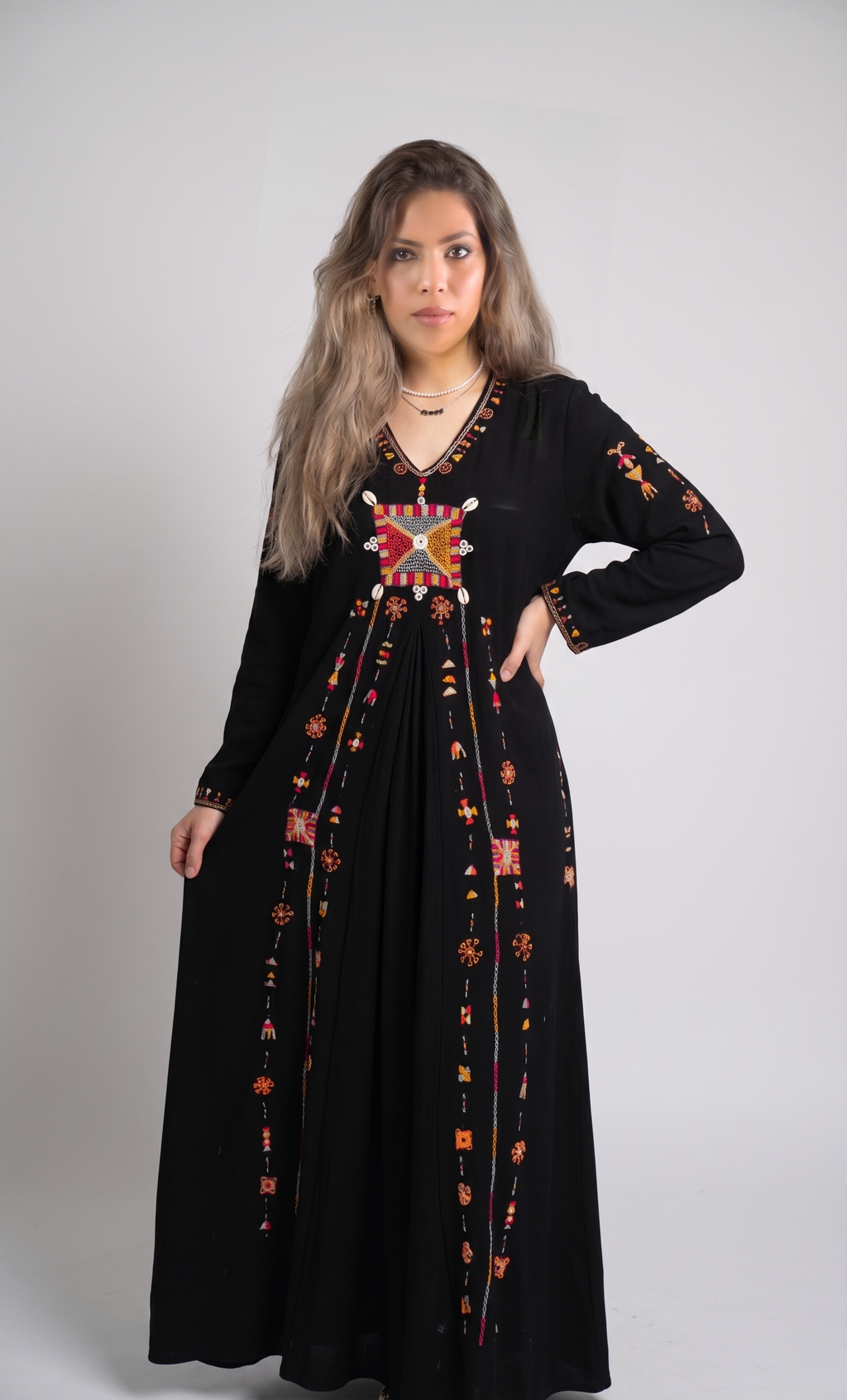 Midnight Black Dress with Box Pleat and Siwa Embroidery
