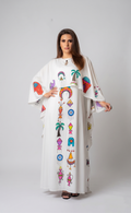 White Flowing Kaftan with Hand-Painted Folkloric Symbols