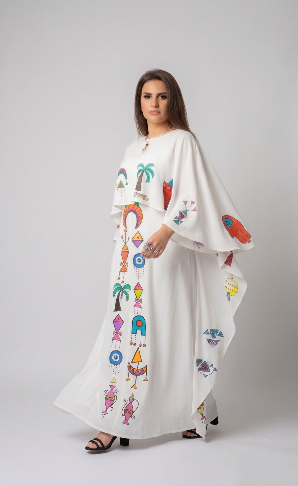 White Flowing Kaftan with Hand-Painted Folkloric Symbols