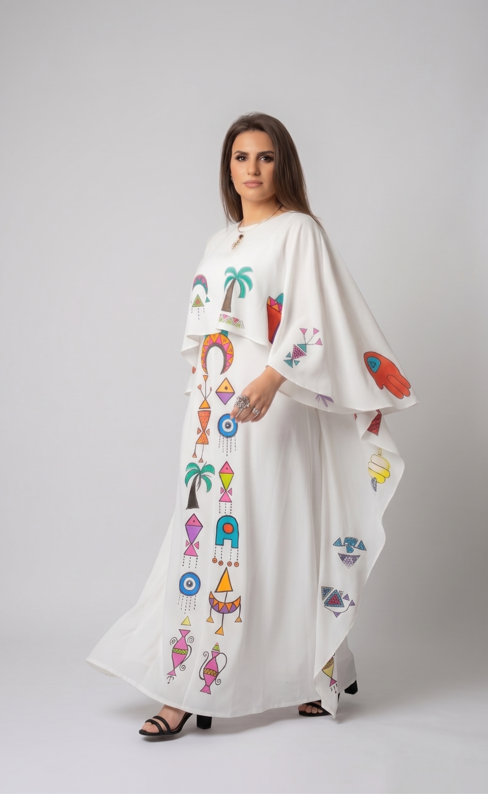 White Flowing Kaftan with Hand-Painted Folkloric Symbols