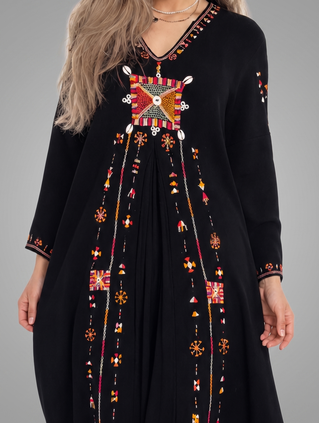 Midnight Black Dress with Box Pleat and Siwa Embroidery