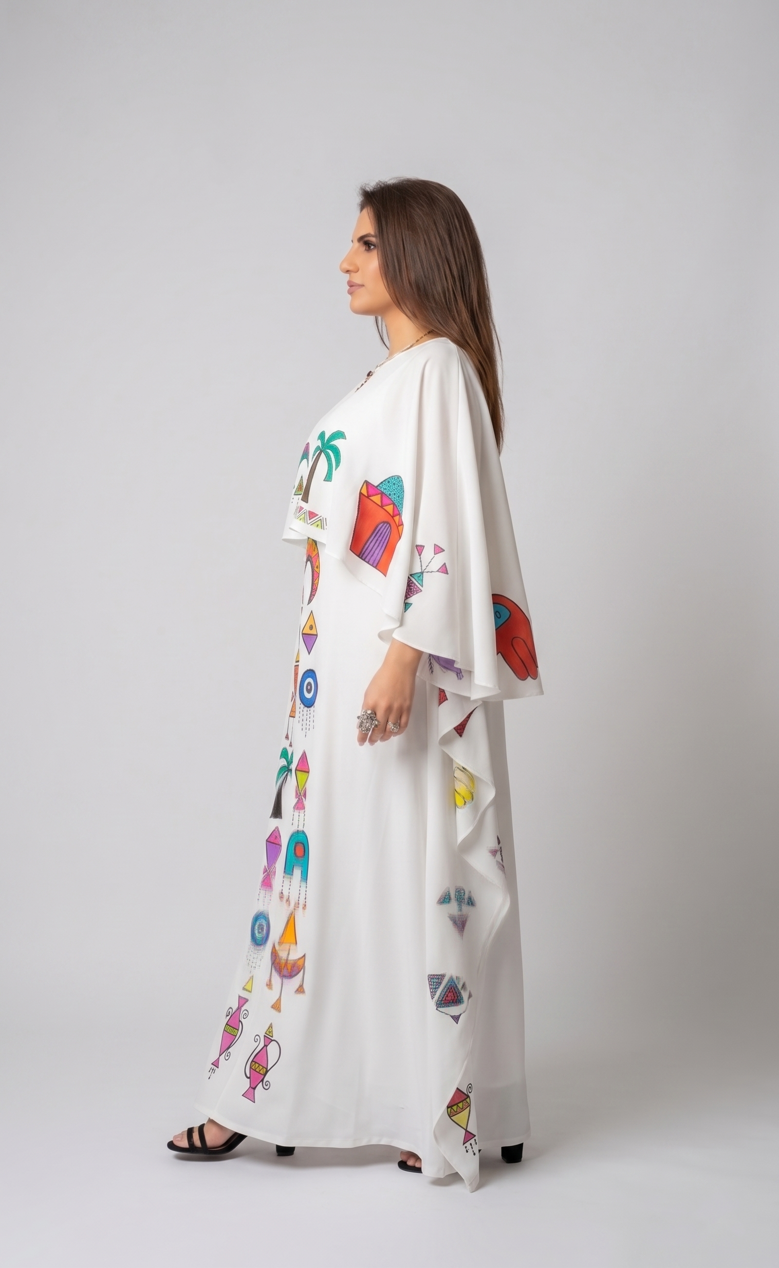 White Flowing Kaftan with Hand-Painted Folkloric Symbols