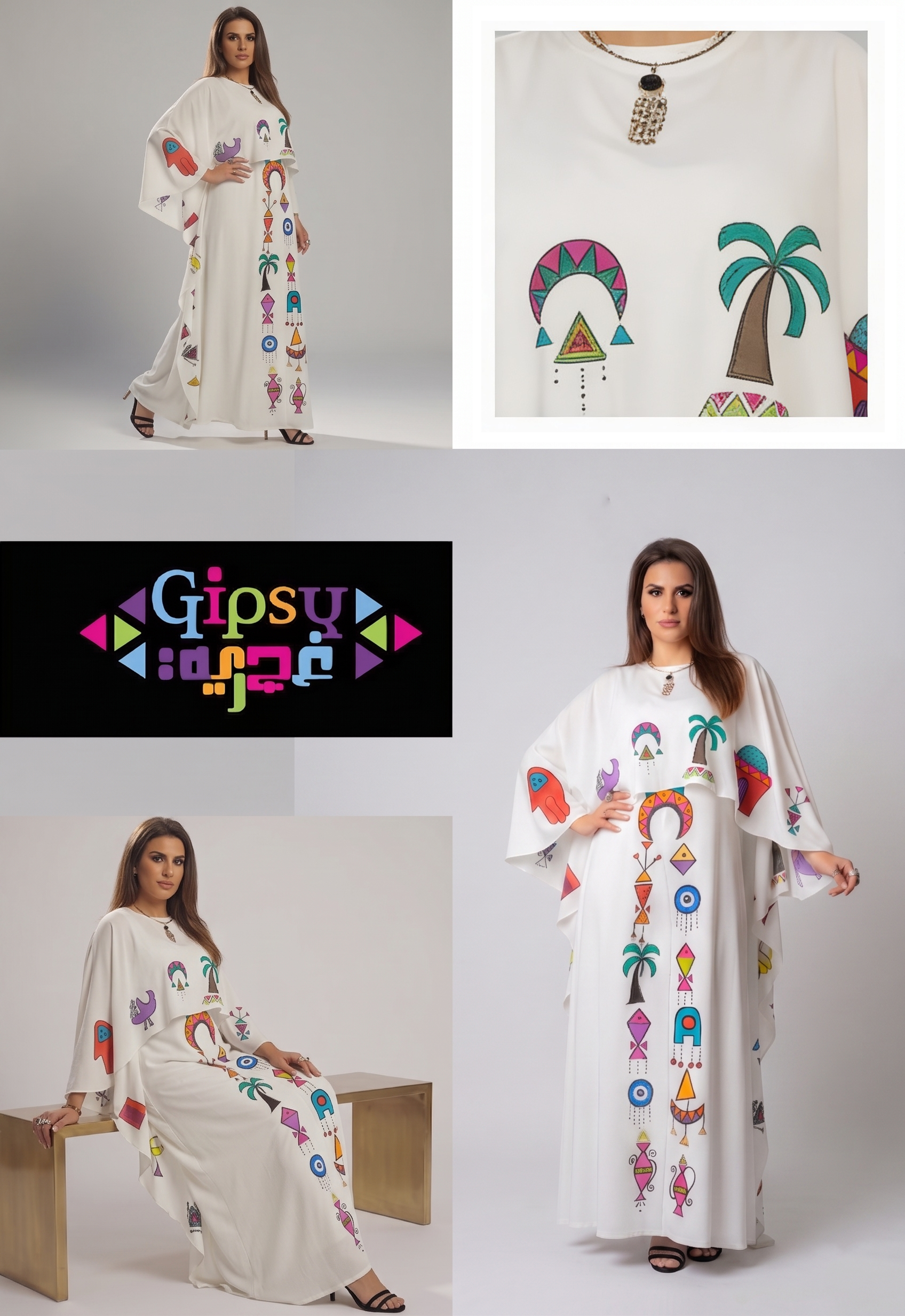 White Flowing Kaftan with Hand-Painted Folkloric Symbols