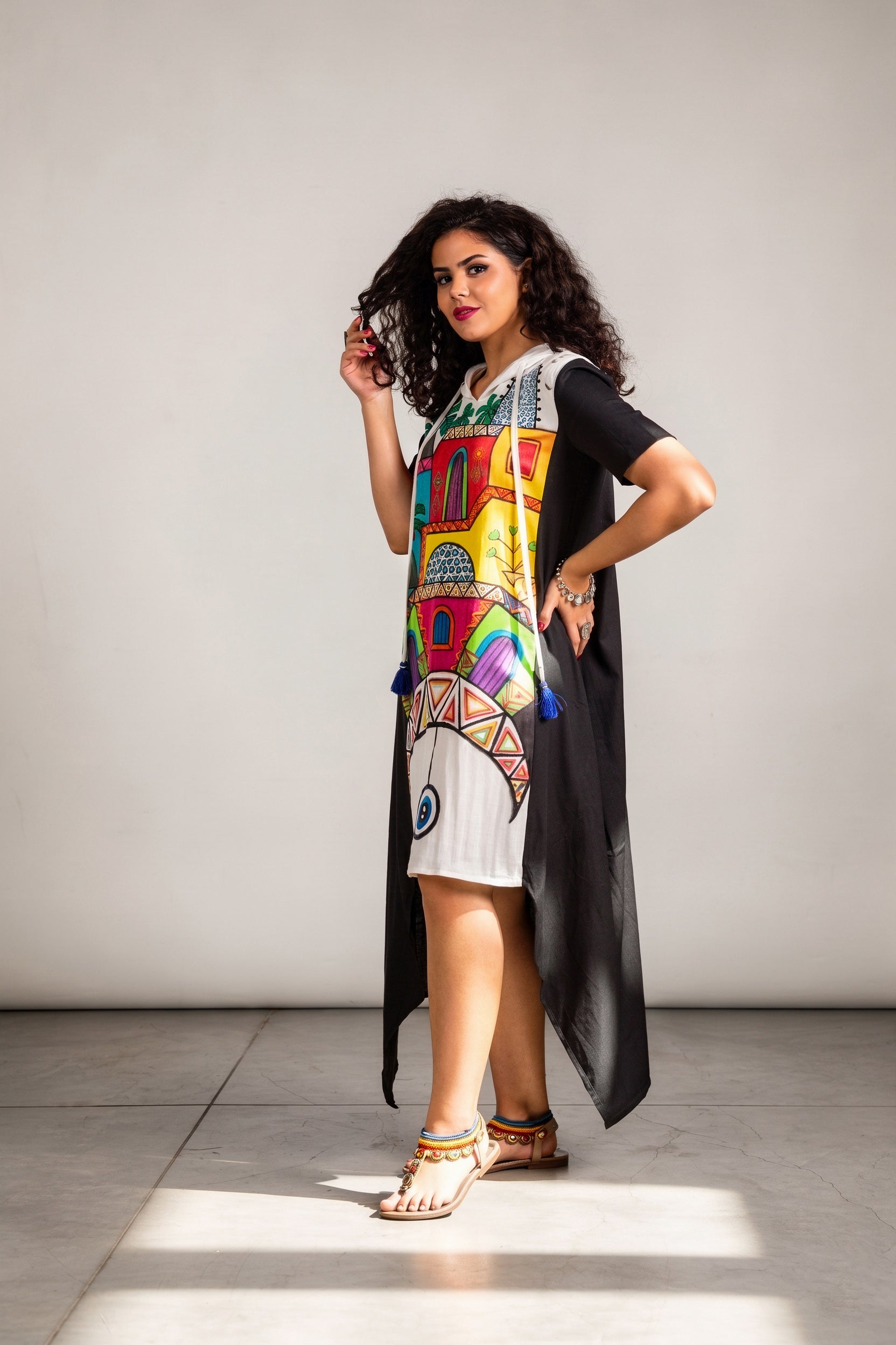Black & White high-low Hooded Dress with Hand-Painted Nubian Art.