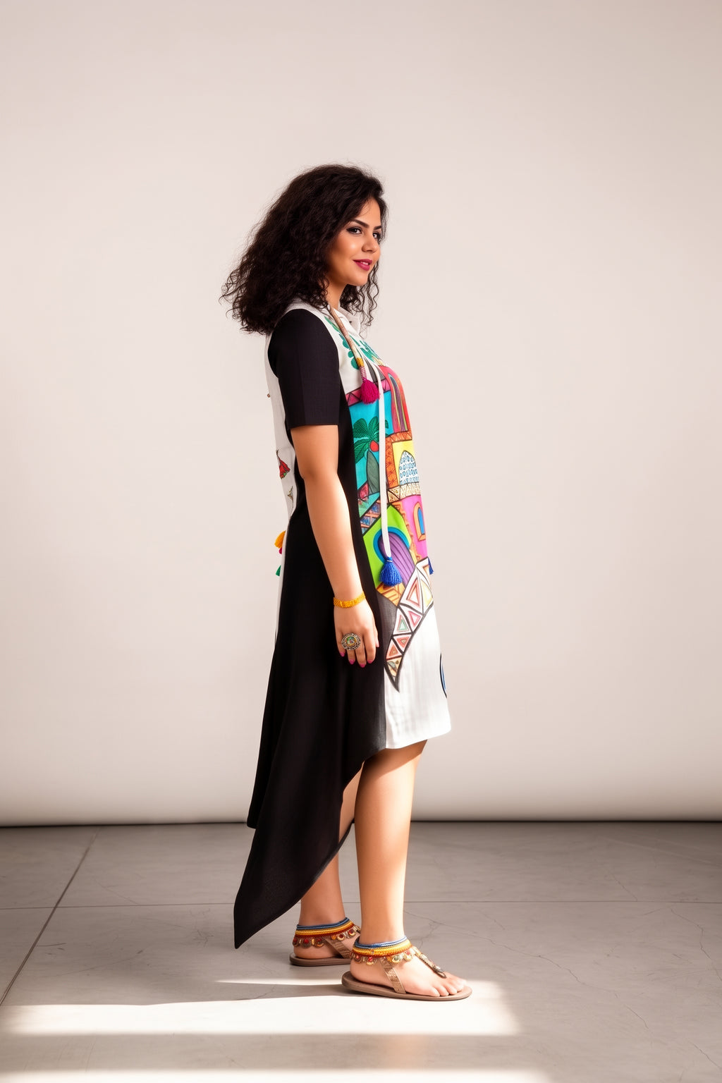 Black & White high-low Hooded Dress with Hand-Painted Nubian Art.