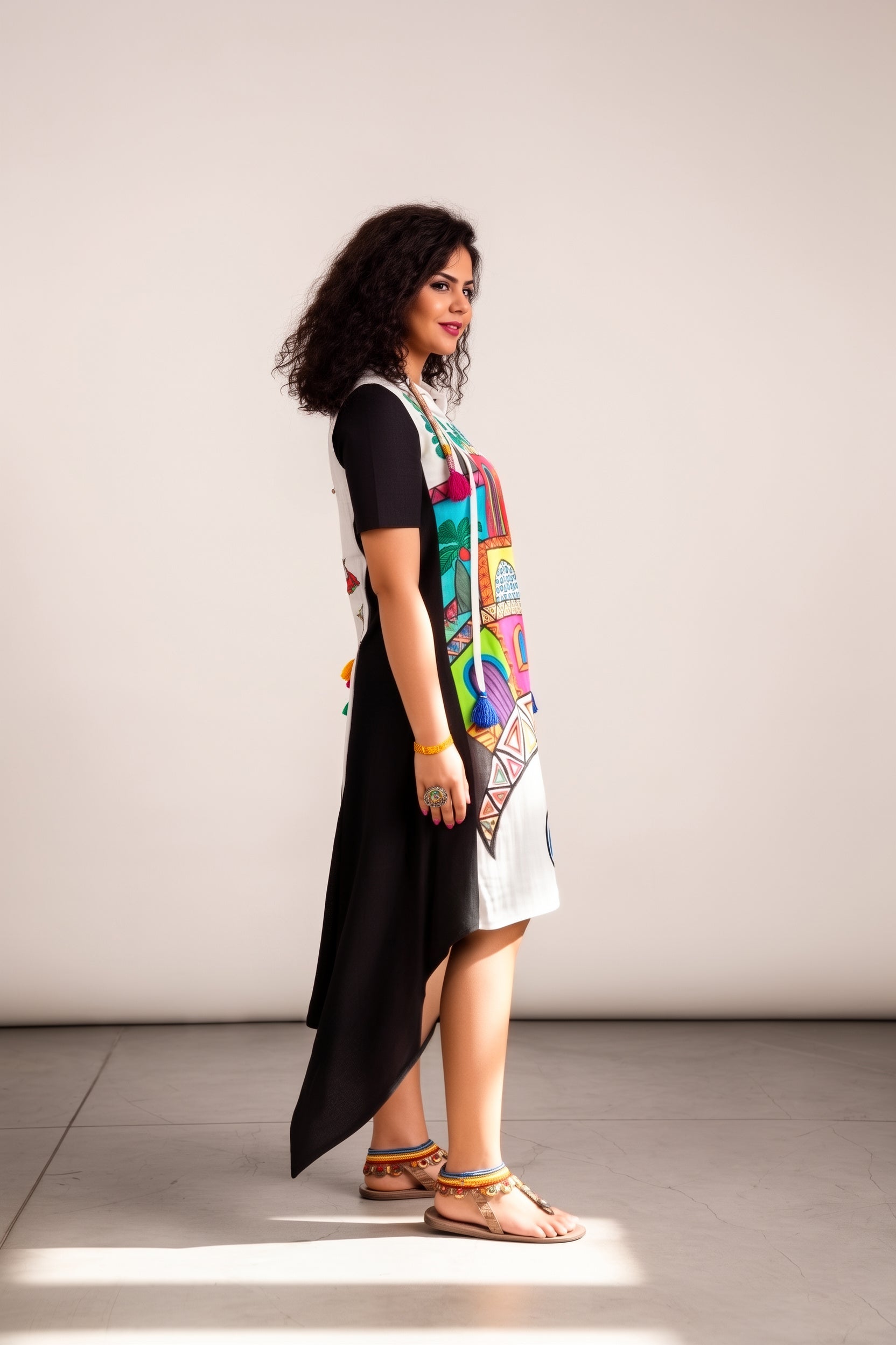 Black & White high-low Hooded Dress with Hand-Painted Nubian Art.