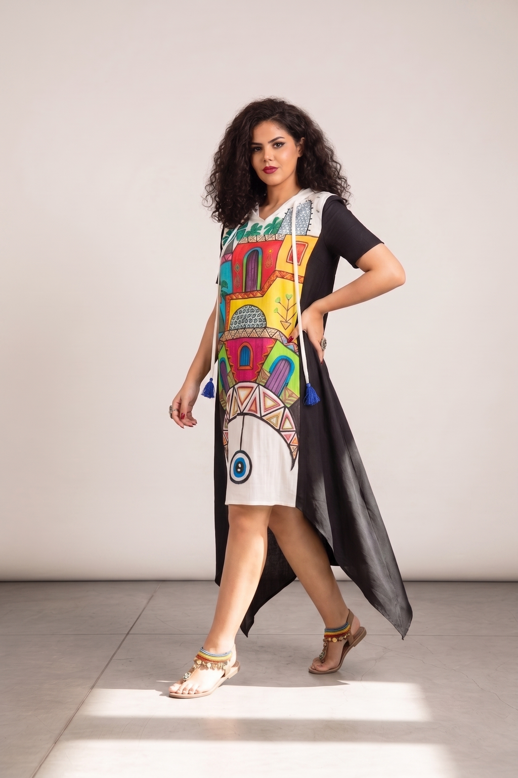 Black & White high-low Hooded Dress with Hand-Painted Nubian Art.