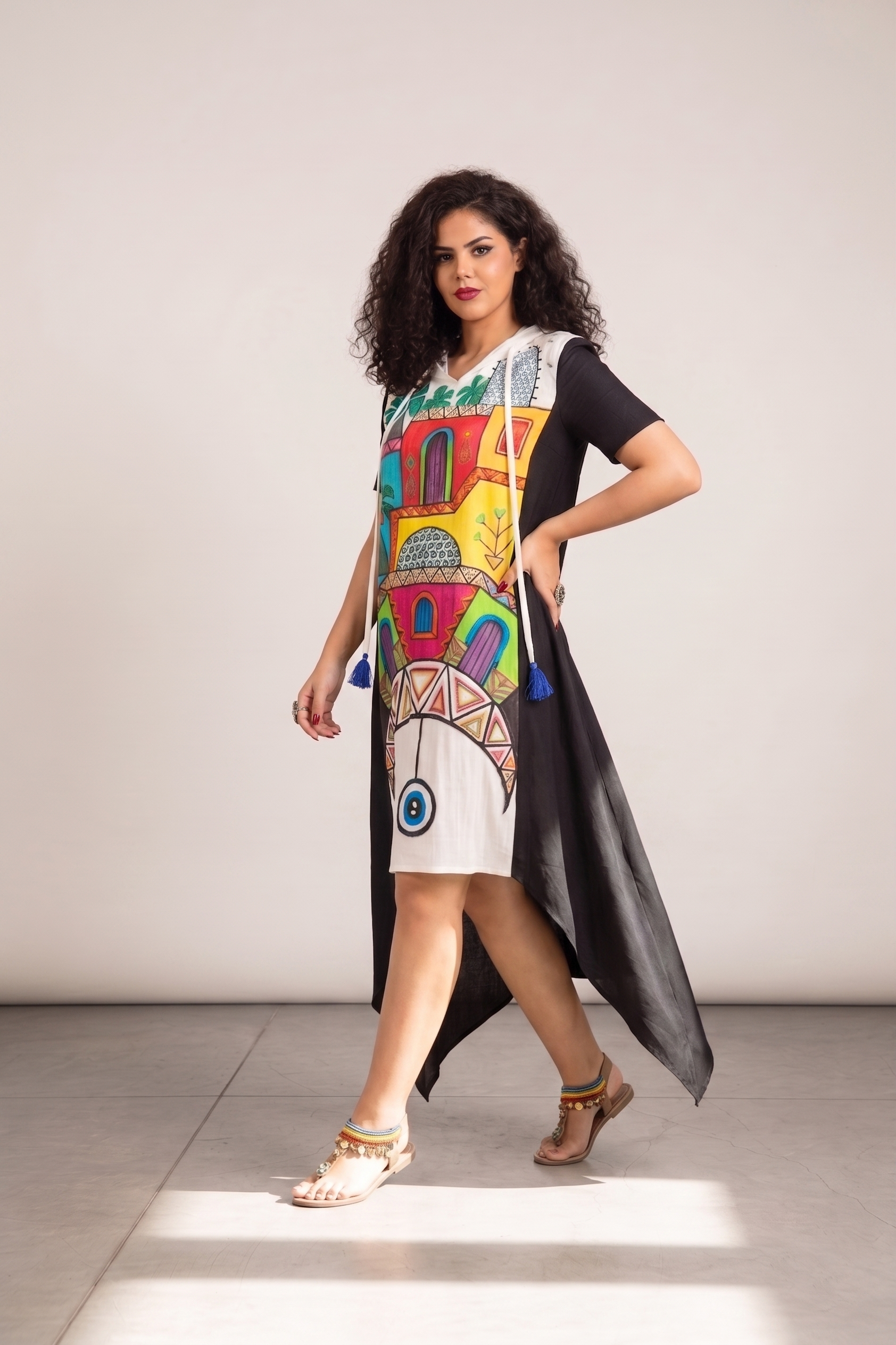Black & White high-low Hooded Dress with Hand-Painted Nubian Art.