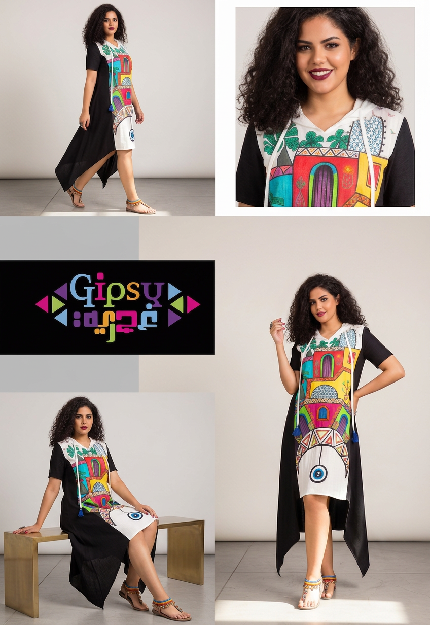 Black & White high-low Hooded Dress with Hand-Painted Nubian Art.