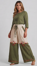 Linen Wide-Leg Pants in Sand & Olive with Siwan Embroidery