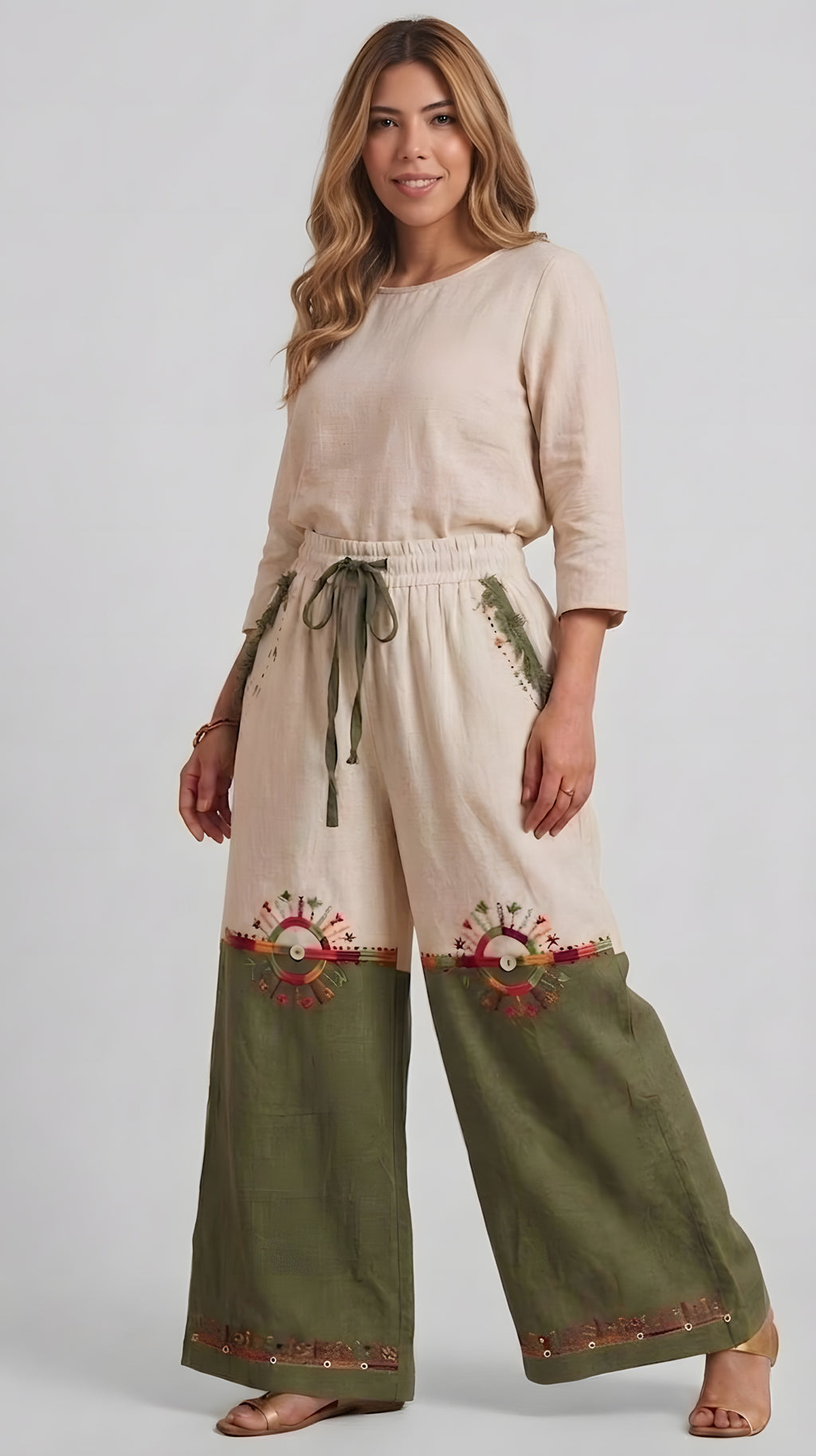 Linen Wide-Leg Pants in Sand & Olive with Siwan Embroidery