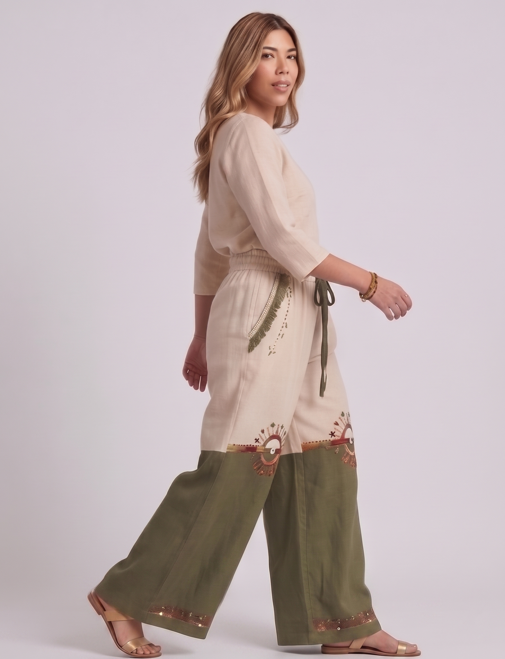 Linen Wide-Leg Pants in Sand & Olive with Siwan Embroidery