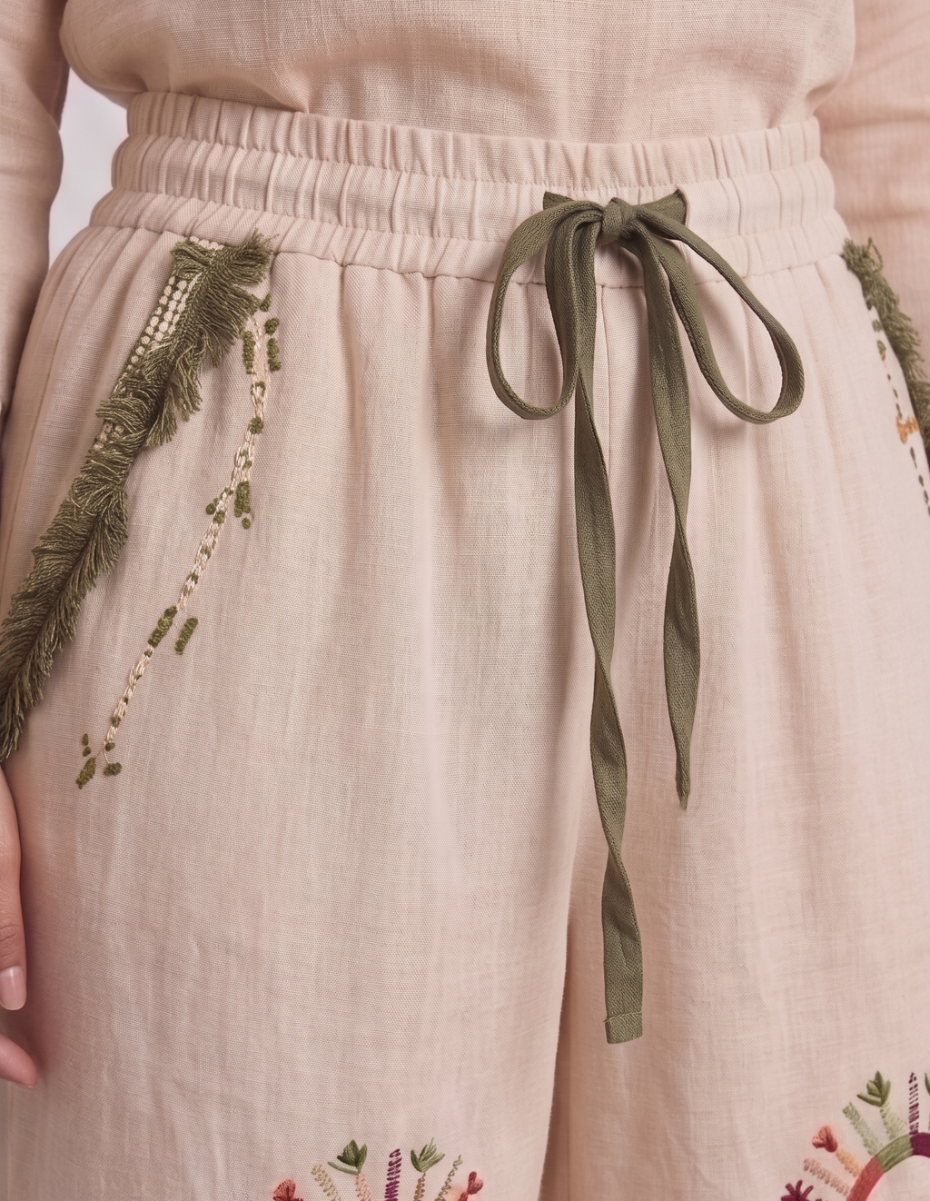 Linen Wide-Leg Pants in Sand & Olive with Siwan Embroidery