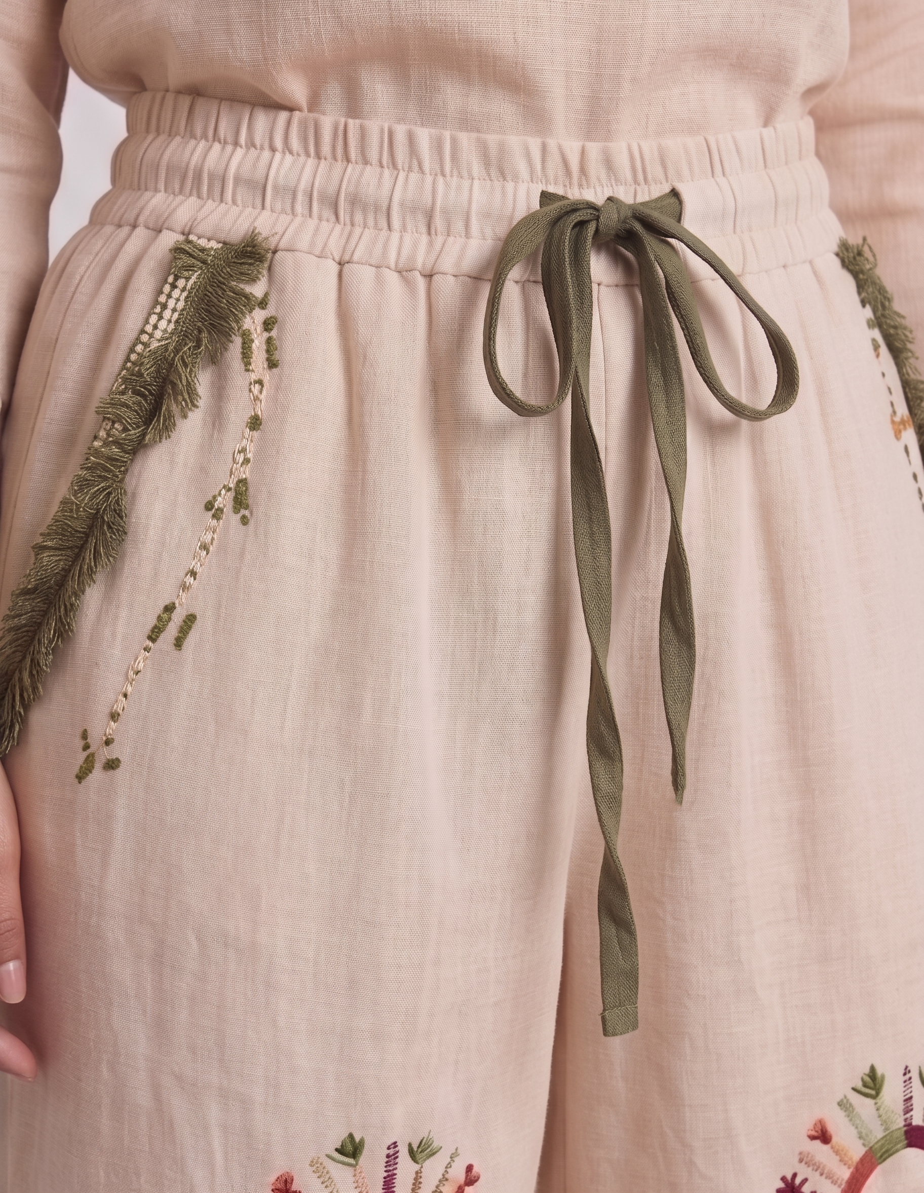 Linen Wide-Leg Pants in Sand & Olive with Siwan Embroidery