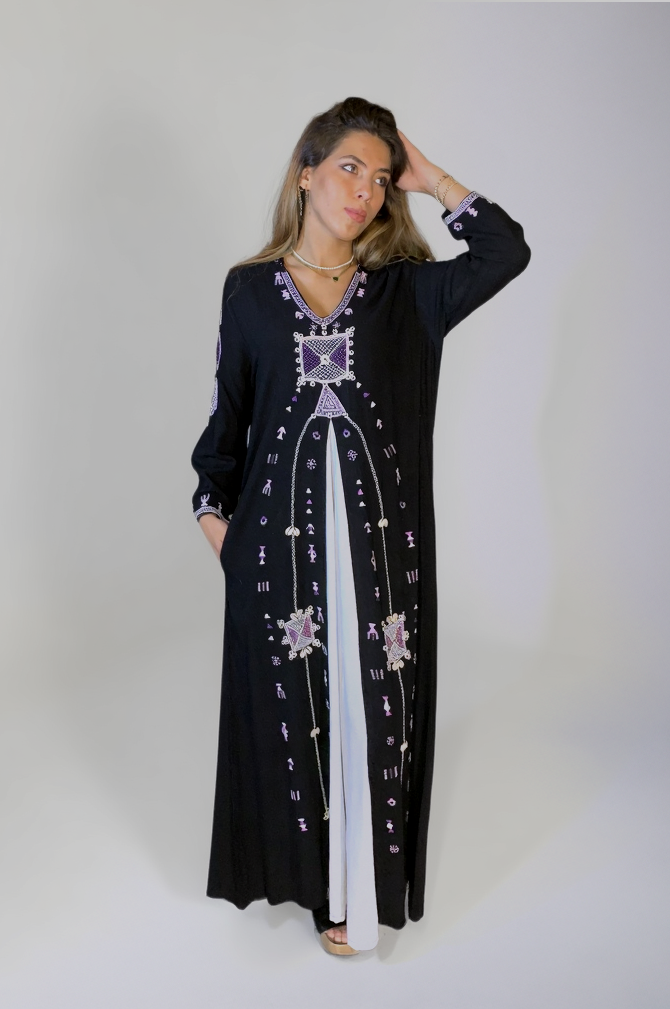 Midnight Black Dress with Box Pleat and Siwa Embroidery