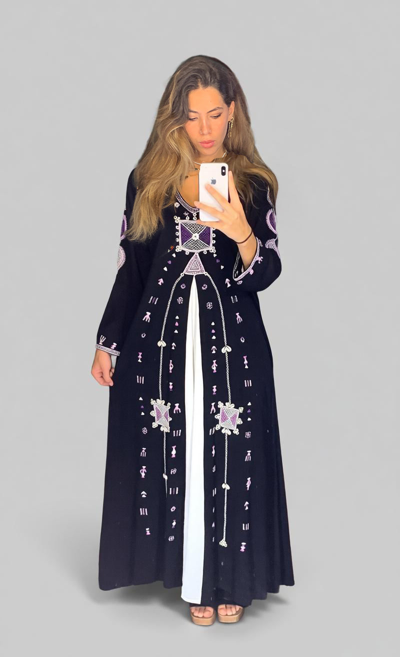 Midnight Black Dress with Box Pleat and Siwa Embroidery