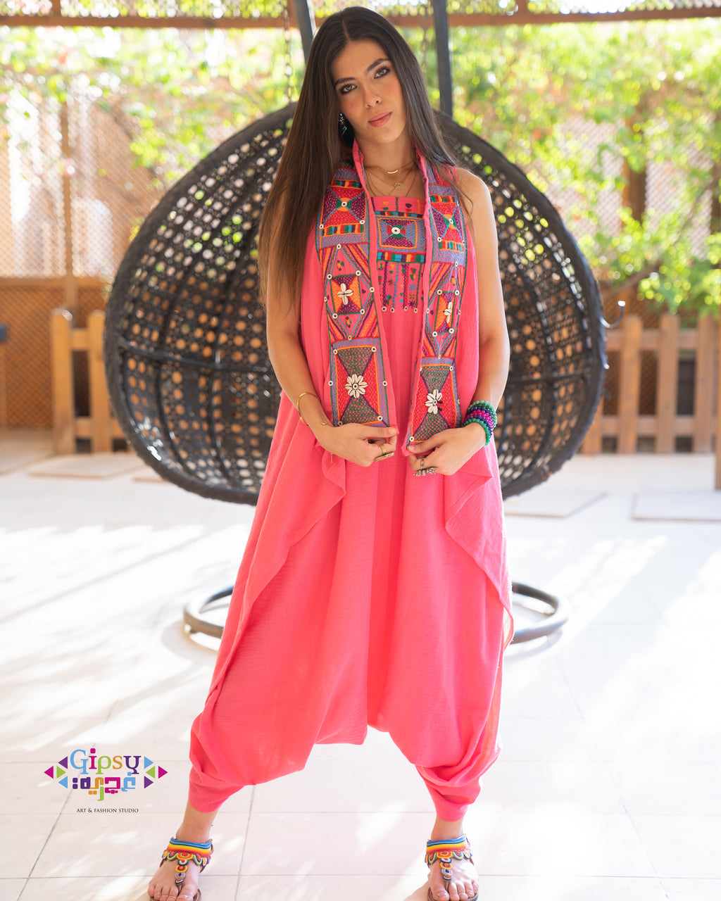 Pink Jumpsuit with multicolored embroidery