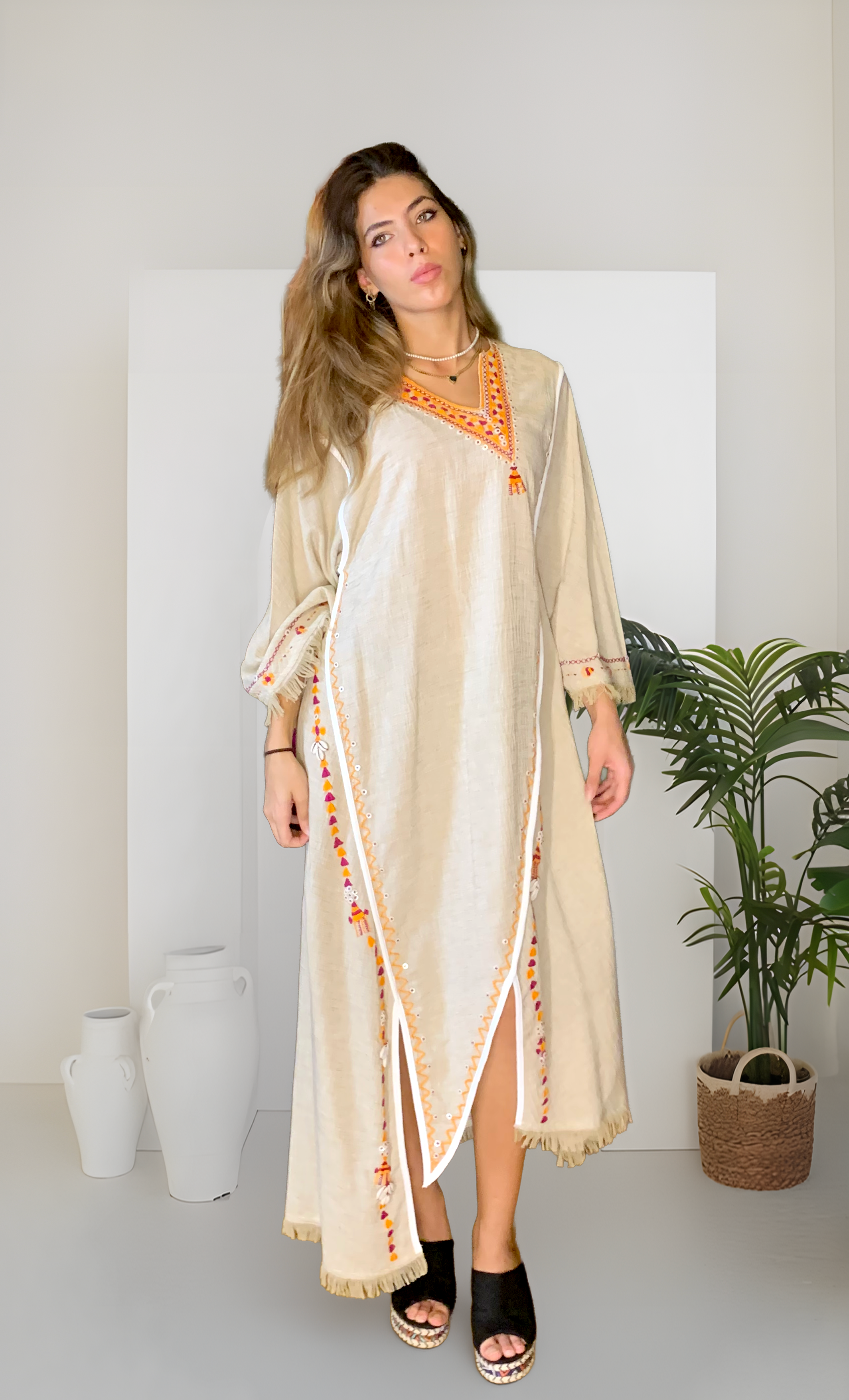 Beige Linen Dress with Sleeves, embordered with Oasis Motifs