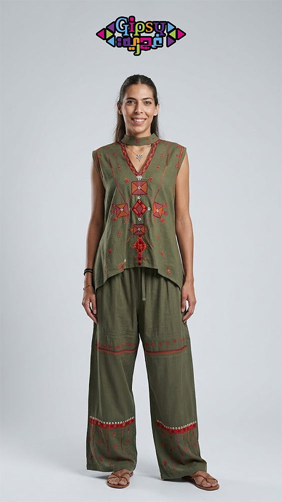 Olive Green Two-Piece Set with Orange Handmade Siwan Embroidery