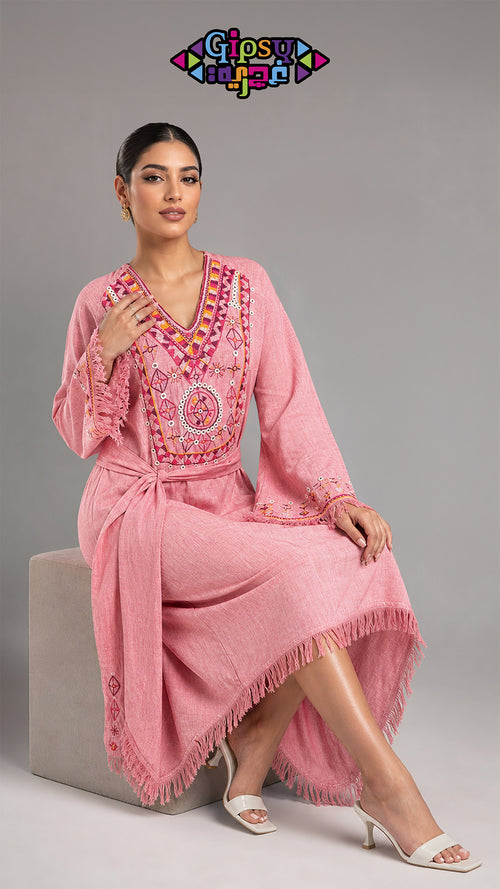 Blush Pink Asymmetric Dress with Handmade Siwan Embroidery