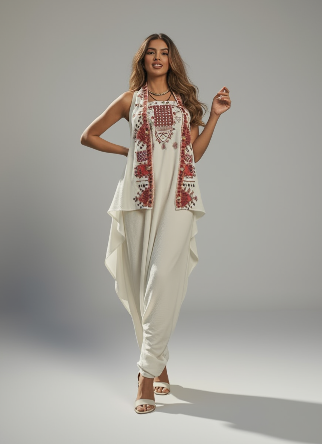 White Jumpsuit with multicolored embroidery