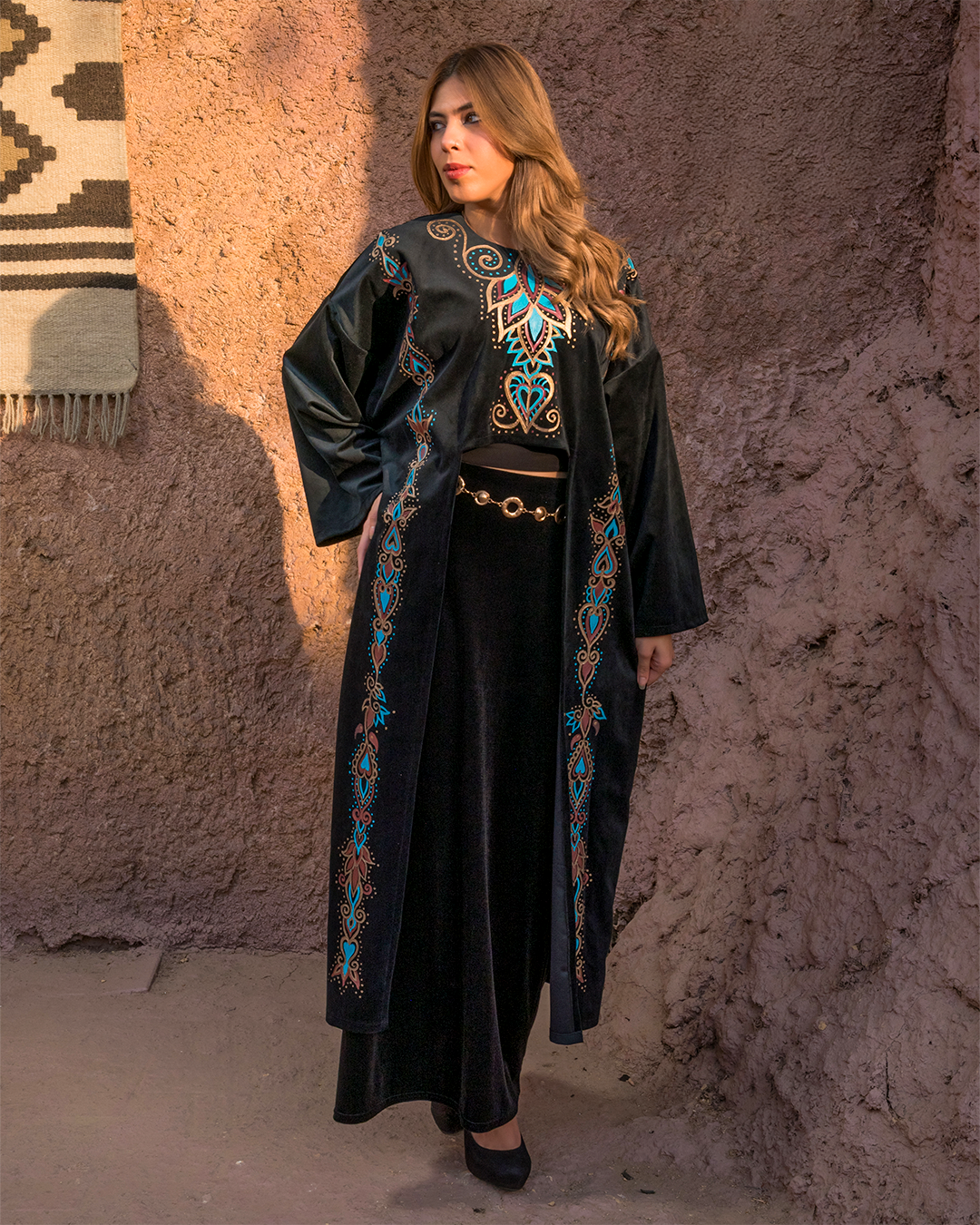 Black Velvet Kimono with Hand-Painted Islamic Motifs