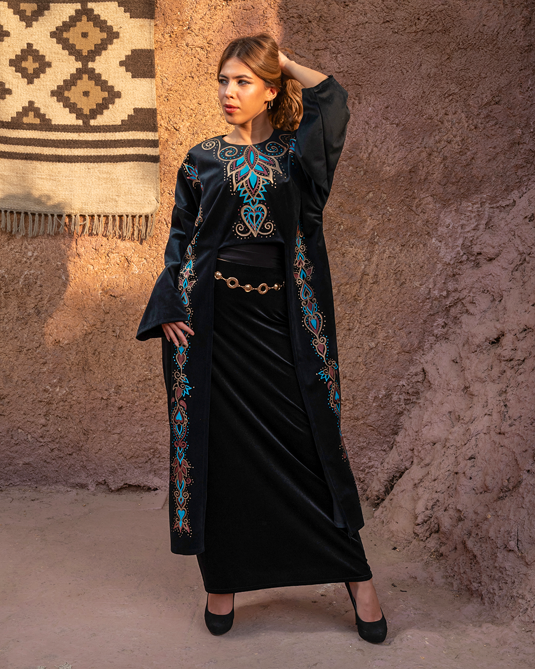 Black Velvet Kimono with Hand-Painted Islamic Motifs
