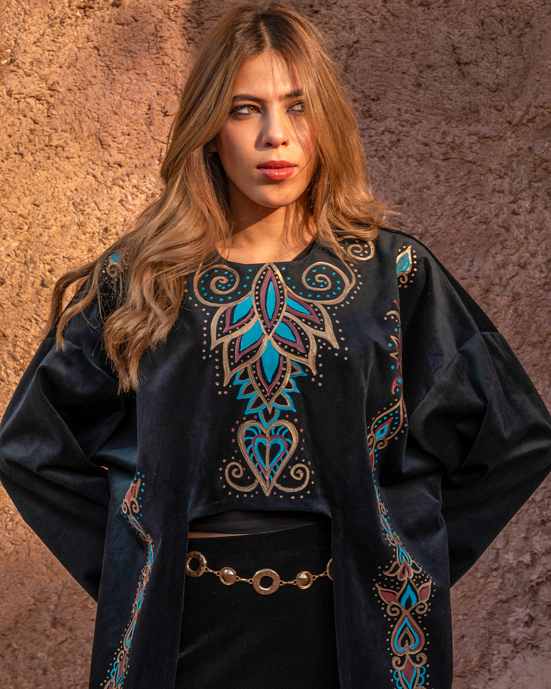 Black Velvet Kimono with Hand-Painted Islamic Motifs