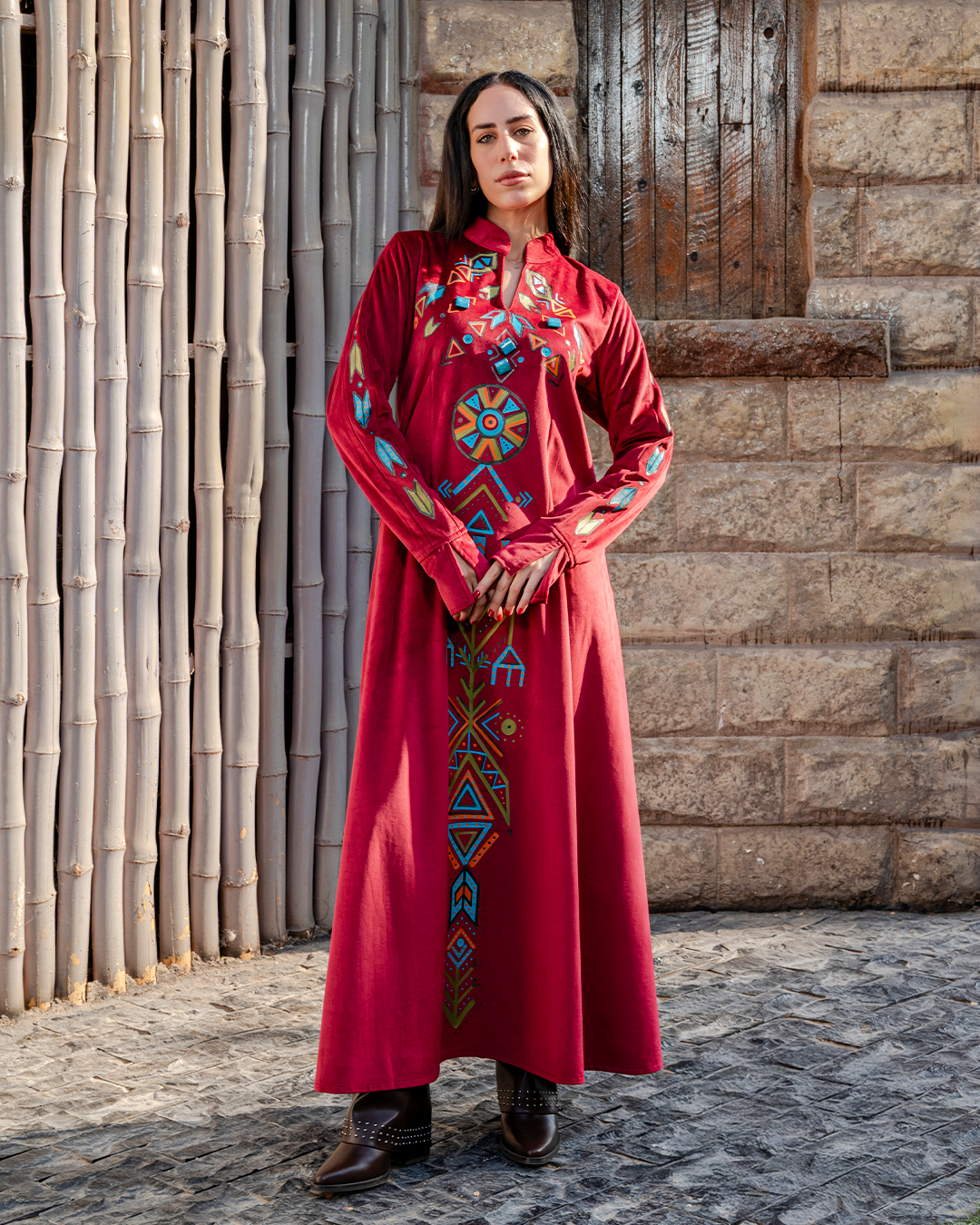 Folkloric Geometry Hand-Painted burgundy Velvet long dress