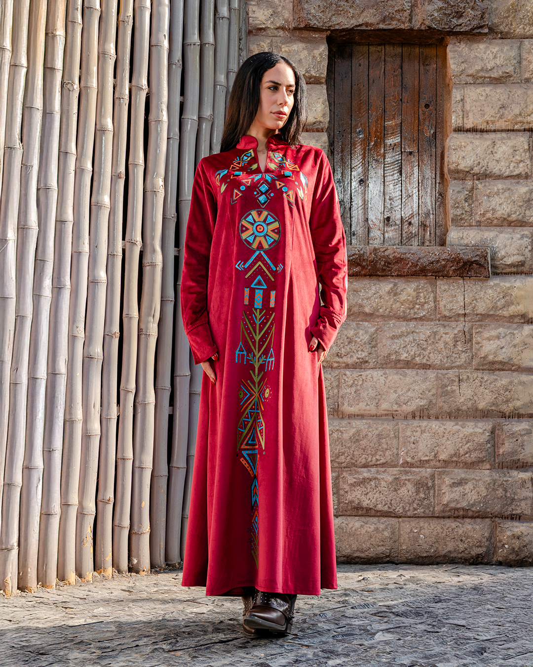 Folkloric Geometry Hand-Painted burgundy Velvet long dress