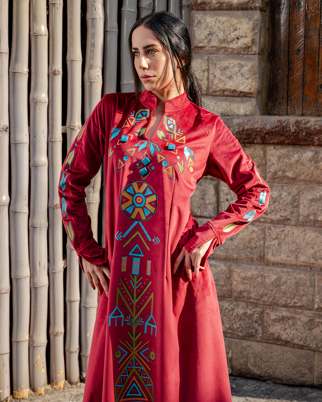 Folkloric Geometry Hand-Painted burgundy Velvet long dress