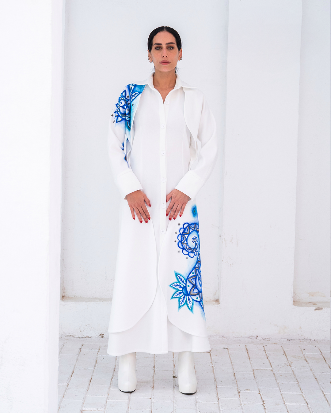 Ocean Zen Hand-Painted White Wool Long Coat