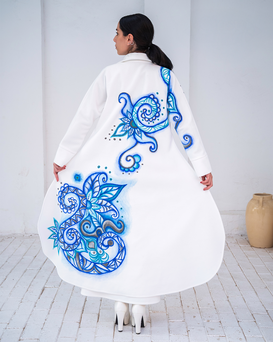 Ocean Zen Hand-Painted White Wool Long Coat