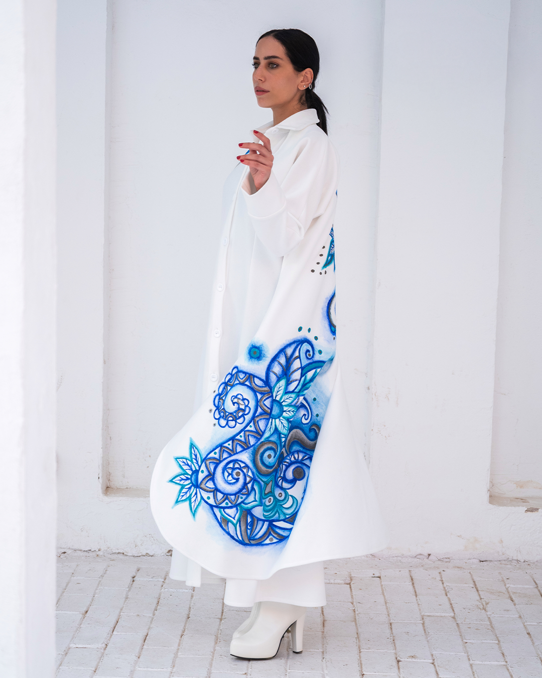 Ocean Zen Hand-Painted White Wool Long Coat