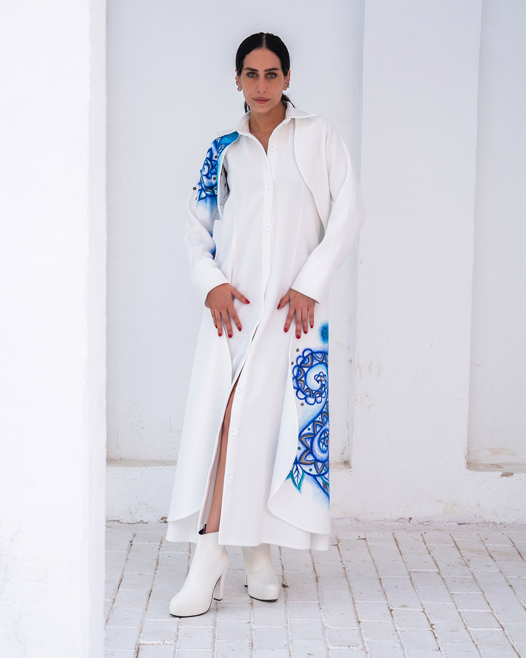 Ocean Zen Hand-Painted White Wool Long Coat