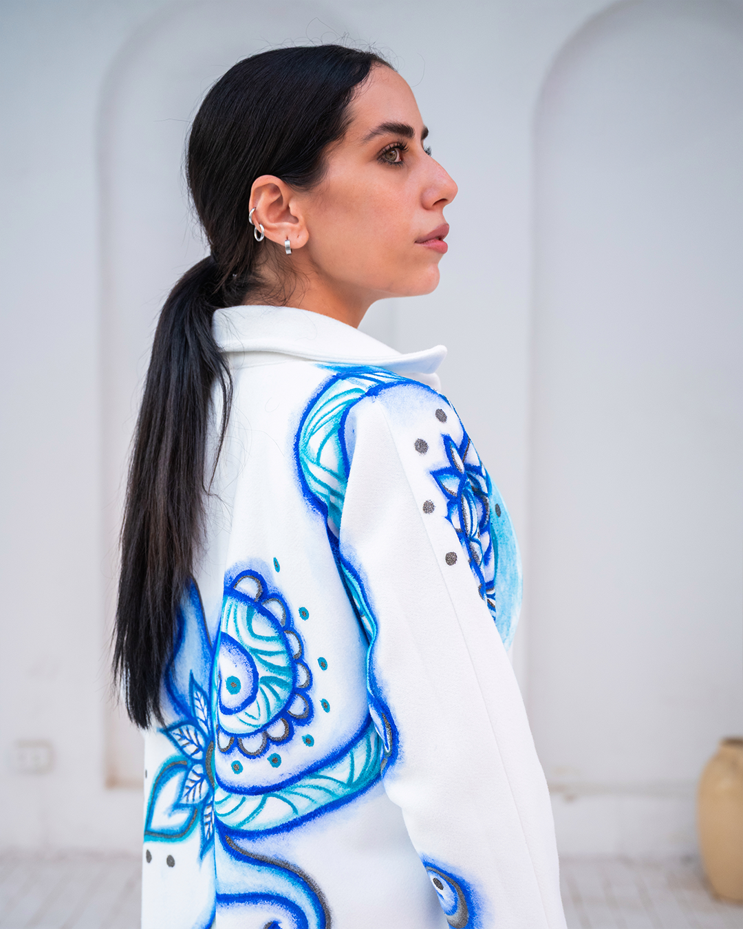 Ocean Zen Hand-Painted White Wool Long Coat