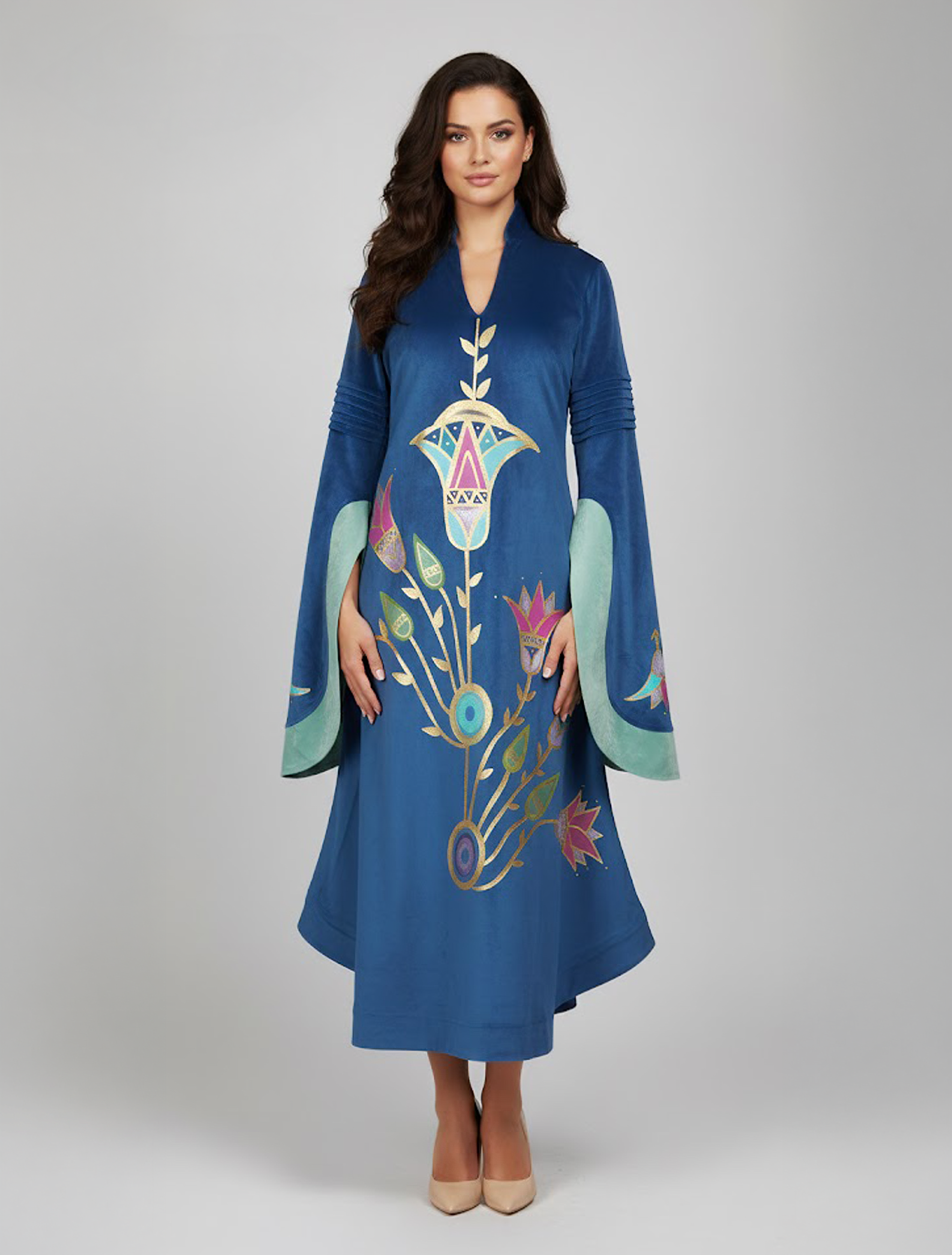 Nile Blossom Hand-Painted Velvet Dress