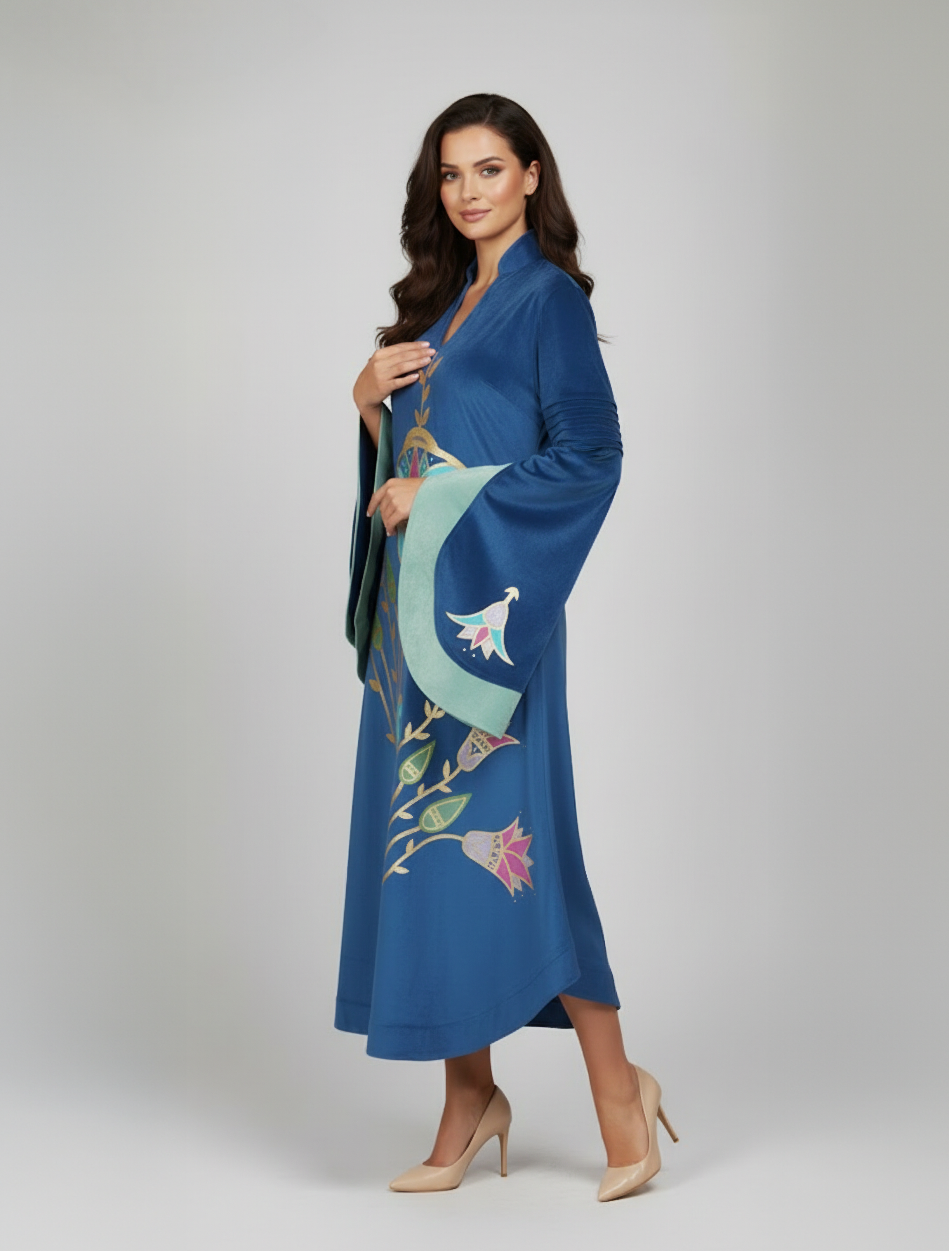 Nile Blossom Hand-Painted Velvet Dress