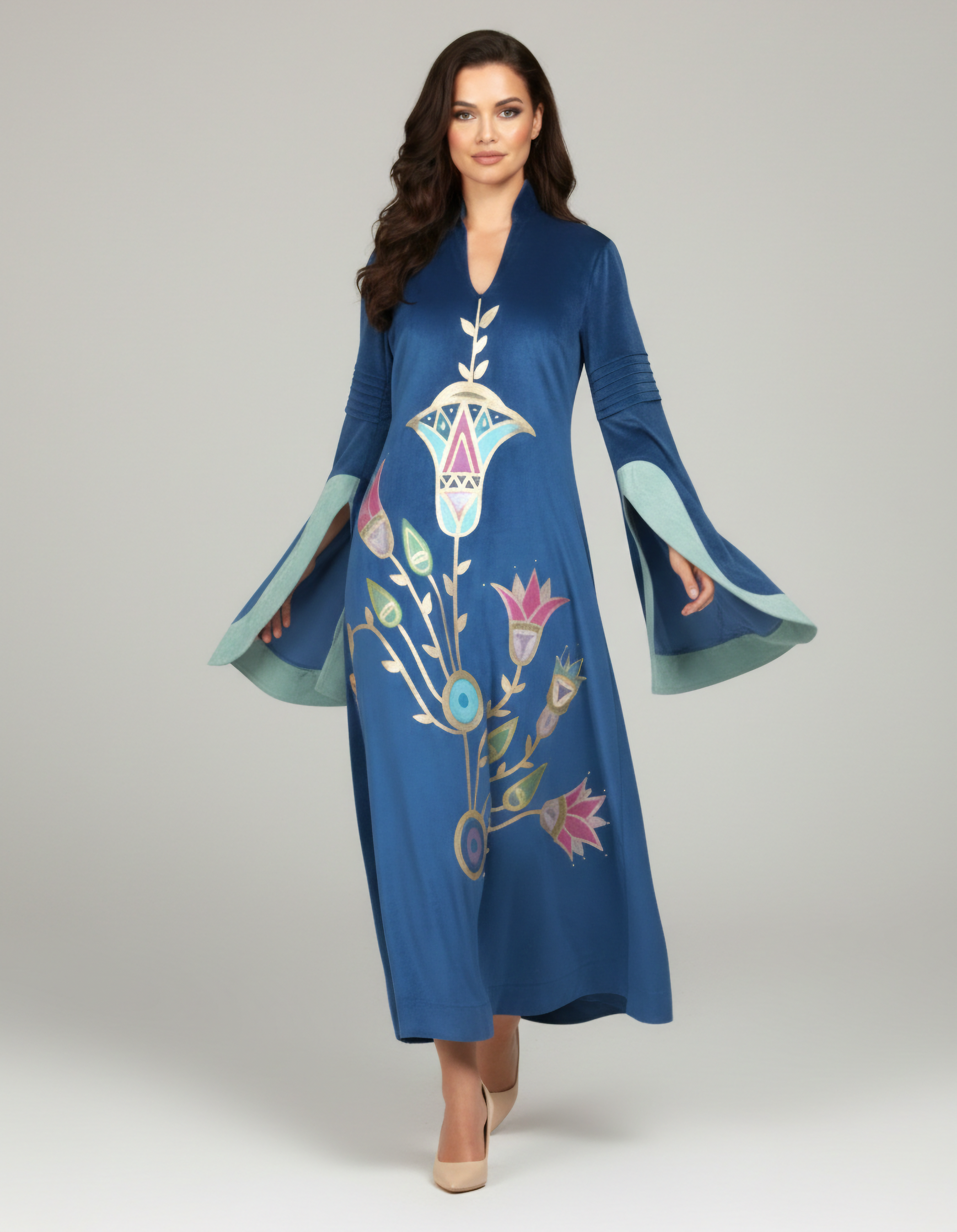 Nile Blossom Hand-Painted Velvet Dress