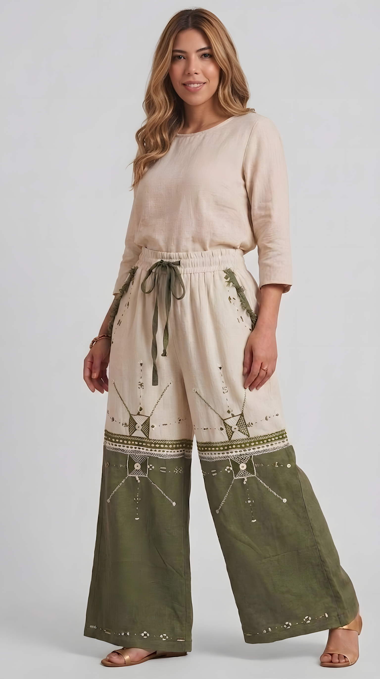 Linen Wide-Leg Pants in Sand & Olive with Siwan Embroidery