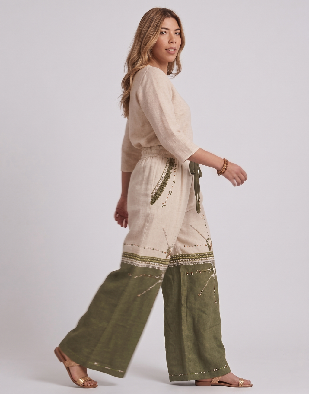 Linen Wide-Leg Pants in Sand & Olive with Siwan Embroidery