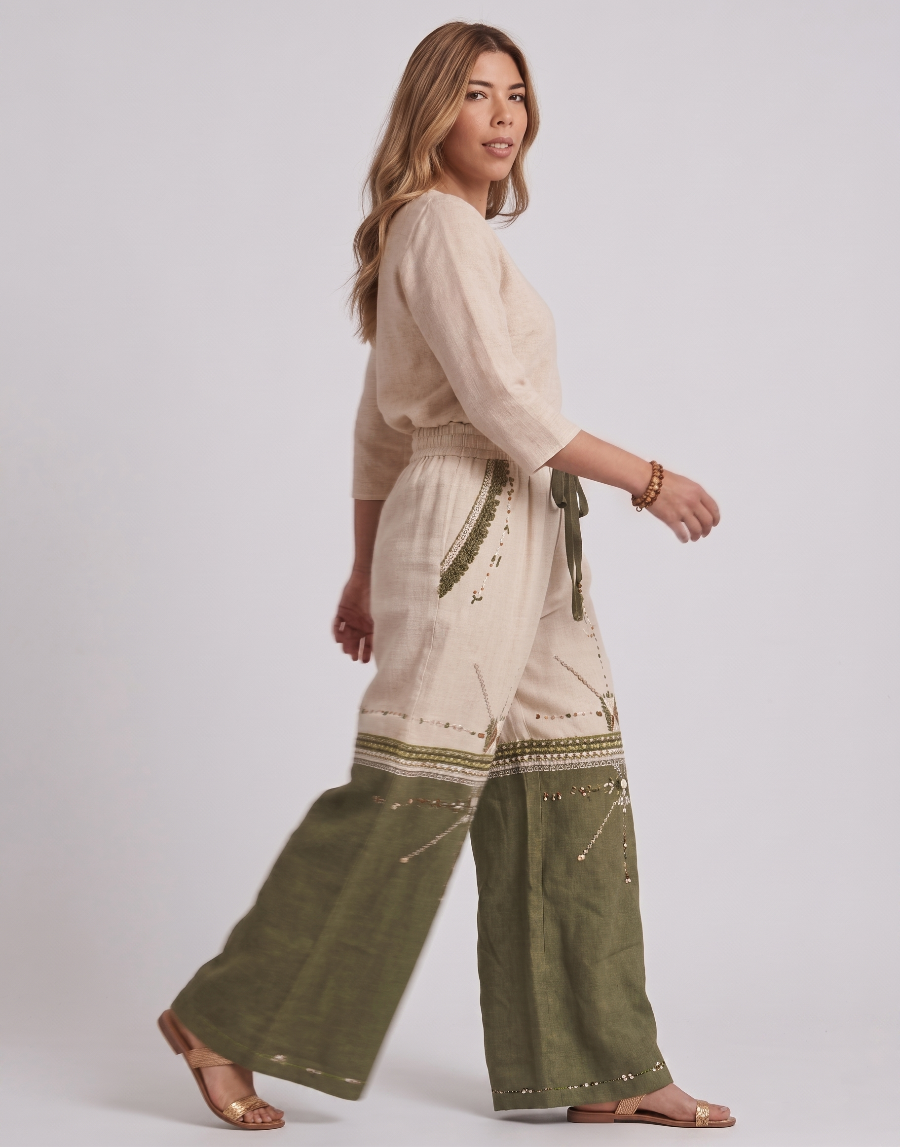 Linen Wide-Leg Pants in Sand & Olive with Siwan Embroidery