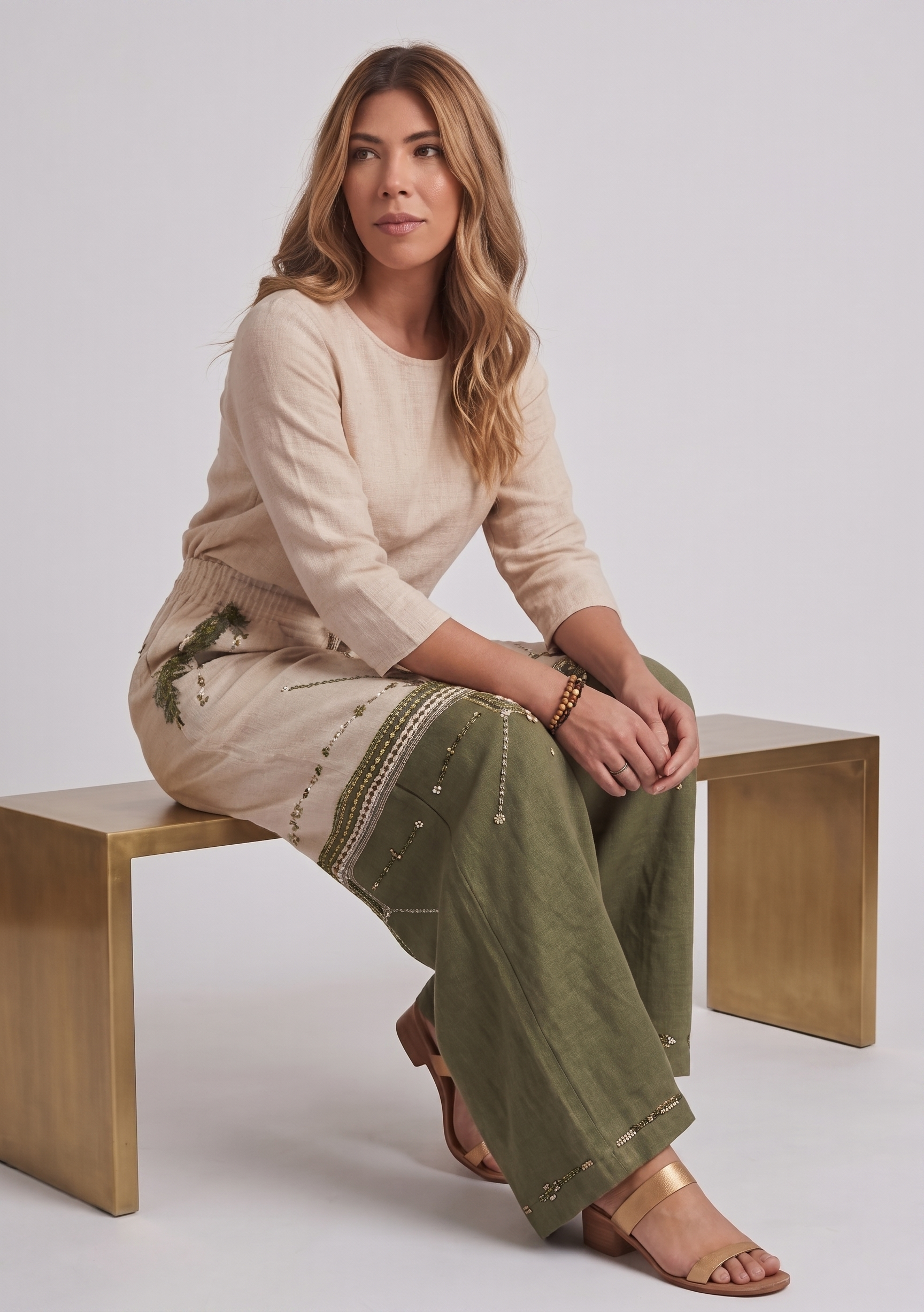 Linen Wide-Leg Pants in Sand & Olive with Siwan Embroidery