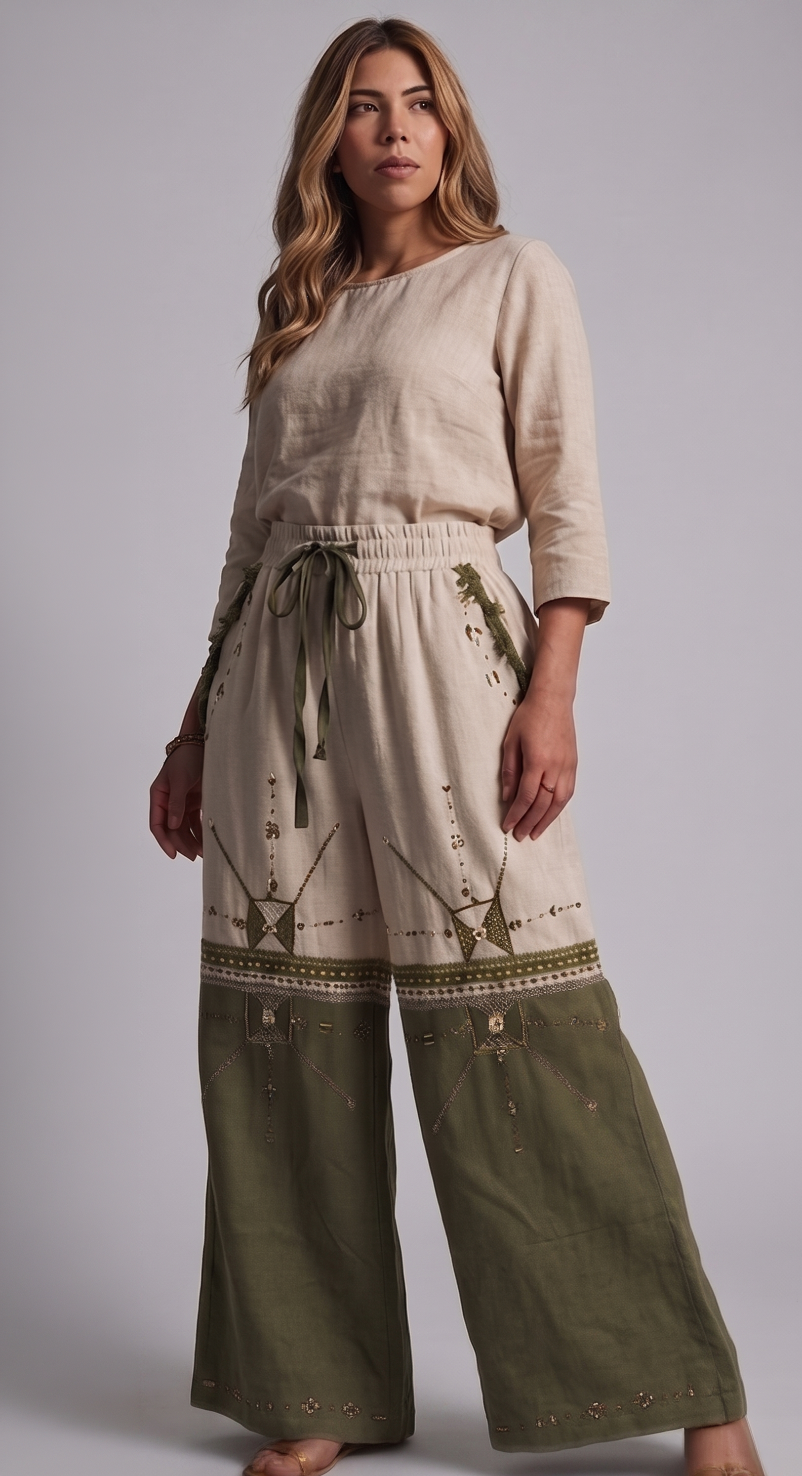 Linen Wide-Leg Pants in Sand & Olive with Siwan Embroidery