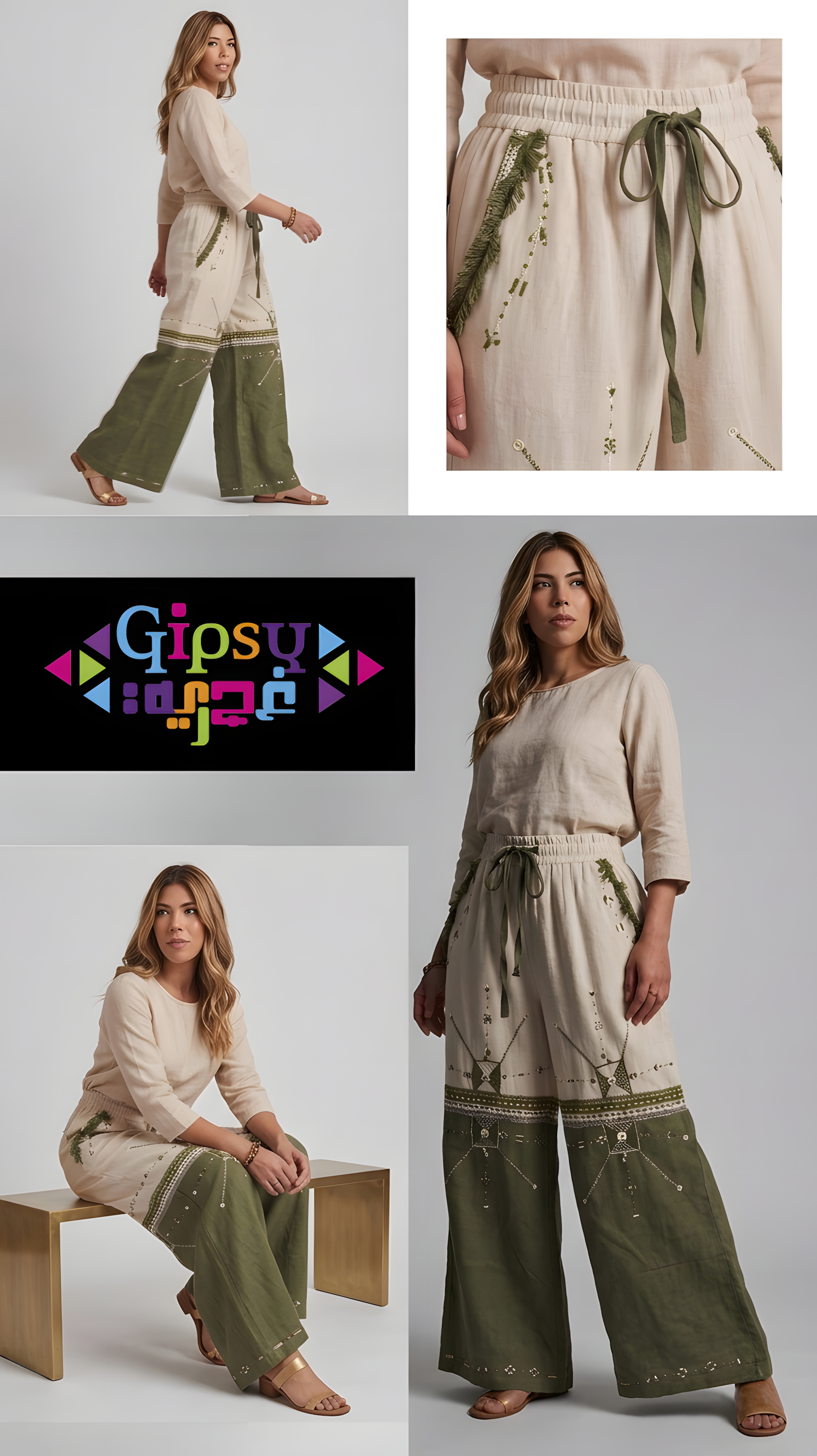 Linen Wide-Leg Pants in Sand & Olive with Siwan Embroidery