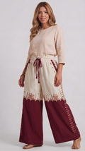 Linen Wide leg pants in Ivory &amp; Crimson with Siwan Embroidery