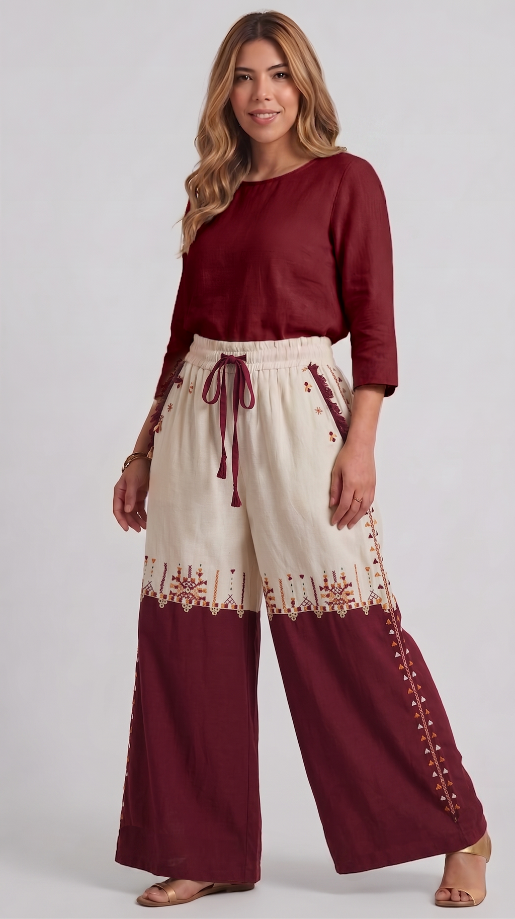 Linen Wide leg pants in Ivory &amp; Crimson with Siwan Embroidery