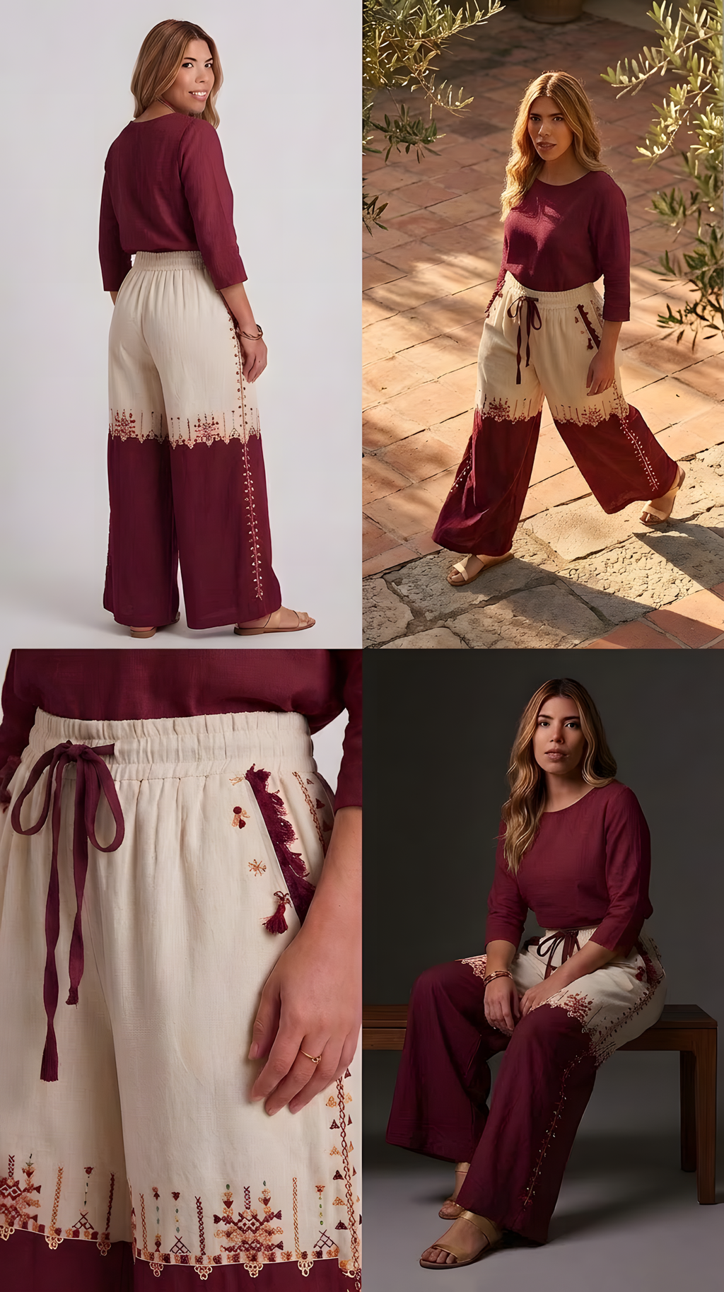 Linen Wide leg pants in Ivory &amp; Crimson with Siwan Embroidery