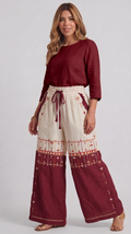 Linen Wide leg pants in Ivory & Crimson with Siwan Embroidery