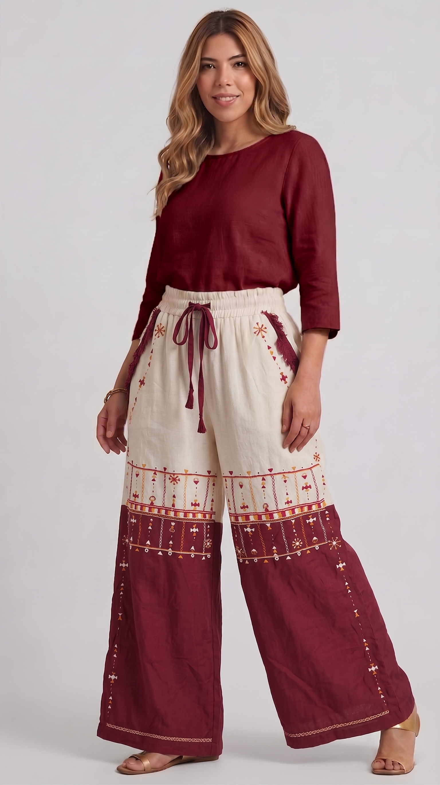 Linen Wide leg pants in Ivory & Crimson with Siwan Embroidery